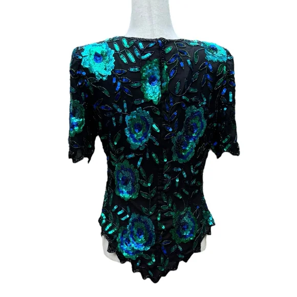 Laurence Kazar Vintage Sequin Silk Beaded Top Medium Floral Glam 80s 90s Party - Picture 14 of 15